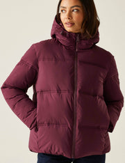 Front view of a women's purple quilted hooded puffer jacket